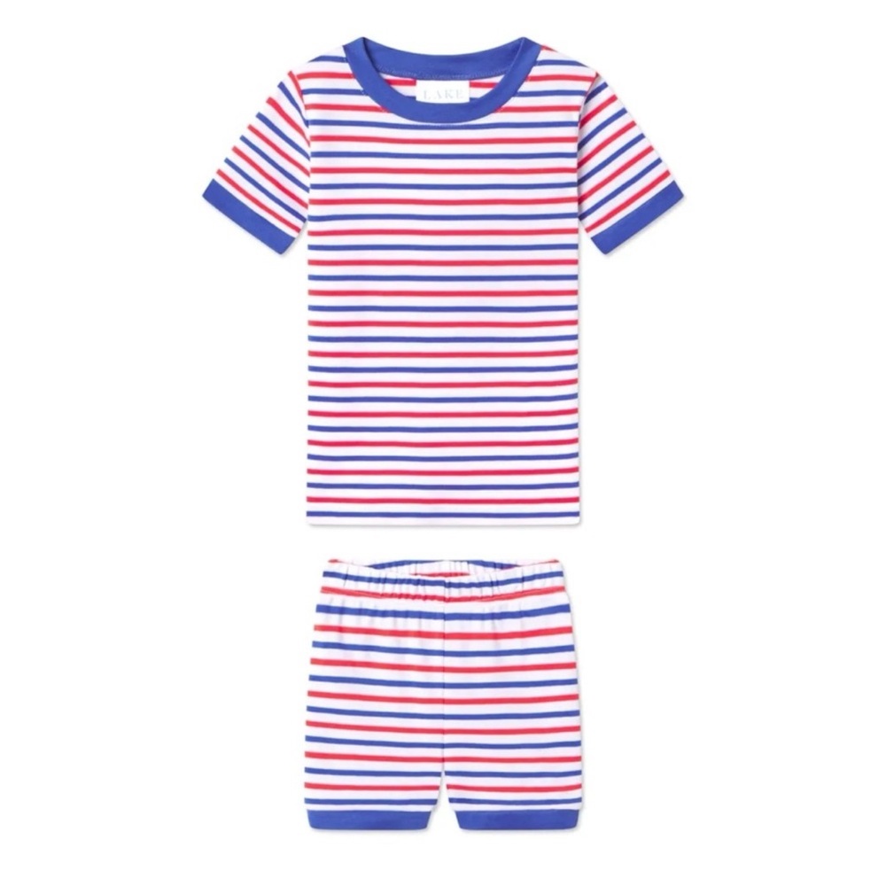 NEW LAKE Pajamas Red White Blue Kids Liberty Stripe Short Set Pima Cotton Sz 12